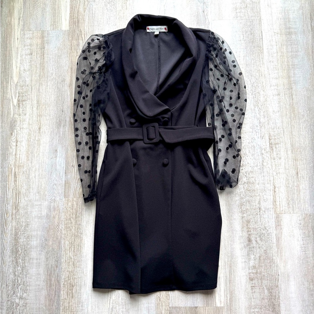 Elegant Kids Black Dress with Sheer Polka Dot Sleeves